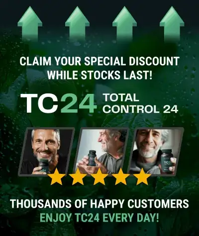  Promotional graphic for TC24 discount supplement featuring 5-star customer reviews, discount message, and happy users holding bottles