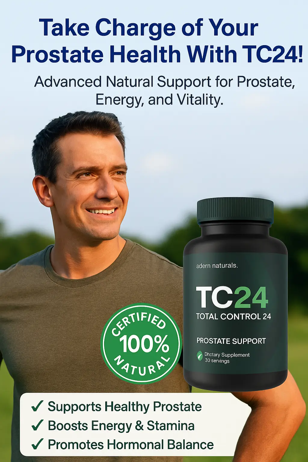 Smiling middle-aged man promoting TC24 prostate support supplement with natural background and benefit highlights